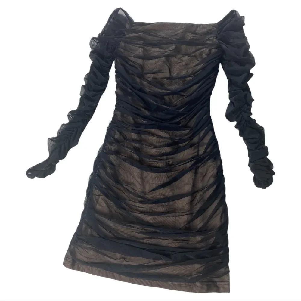 BEBE MESH RUCHED DRESS - Picture 1 of 5